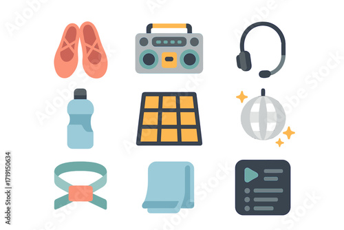 Dance Fitness Icons. Flat icon set of dance fitness: dance shoes, boombox, headset mic, water bottle, dance