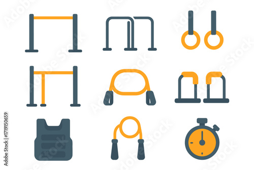Calisthenics Icon Set. Flat icon set of calisthenics training: pull-up bar, dip bar, parallel bars, gymnastic