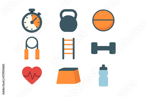 HIIT Training Icons. Flat icon set of HIIT training: timer, kettlebell, medicine ball, jump rope, agility