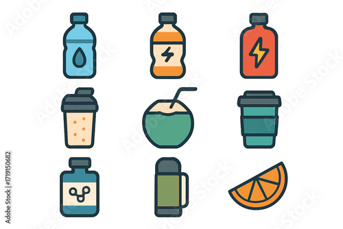 Hydration & Energy Icons. Flat icon set of hydration & energy: water bottle, sports drink, energy gel, protein