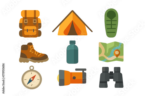 Outdoor Gear Icons. Flat icon set of outdoor travel gear: hiking backpack, tent, sleeping bag, trekking boots,