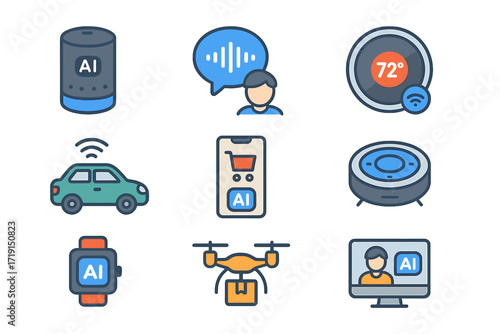 AI Daily Life Icons. Flat icon set of AI in daily life: smart speaker, voice assistant, smart thermostat, self