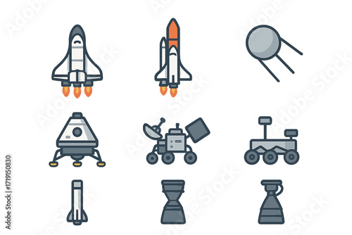 Spacecraft Icon Set. Flat icon set of rockets & spacecraft: space shuttle, launch rocket, capsule, probe,