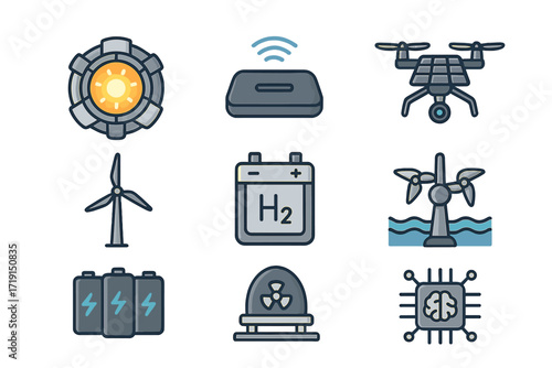 Futuristic Energy Icons. Flat icon set of futuristic energy tech: fusion reactor, wireless charging pad, solar