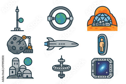 Future Space Concepts Icons. Flat icon set of future space concepts: space elevator, orbital ring, Mars colony