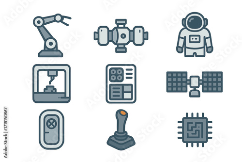 Space Tech Icons. Flat icon set of space technology: robotic arm, docking module, EVA suit, space 3D printer,
