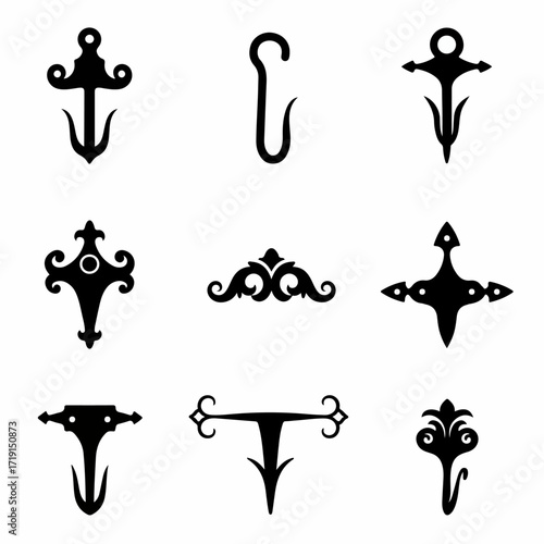 Collection of Black Vintage Gothic Decorative Ornaments and Design Elements Silhouettes on White Background for Architectural and Creative Projects