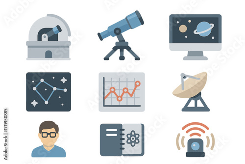 Observatory Icon Set. Flat icon set of observatories & research: observatory dome, large telescope, control