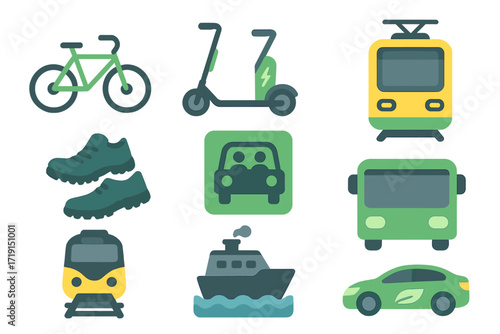 Eco Transport Icons. Flat icon set of eco transport: bicycle, electric scooter, tram, bus, walking shoes,