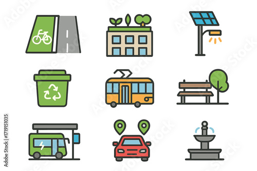 Urban Sustainability Icons. Flat icon set of urban sustainability: bike lane, rooftop garden, solar
