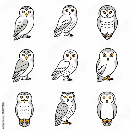 Collection of Adorable Cartoon Snowy Owls Icons Set. Simple Vector Illustrations of Arctic Birds with White Feathers and Yellow Eyes.