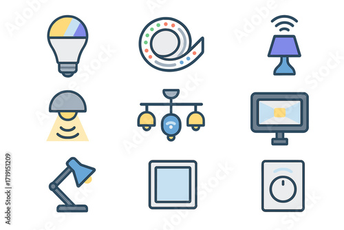 Smart Lighting Icons. Flat icon set of smart lighting: LED bulb, RGB strip, lamp with Wi-Fi, motion-sensor