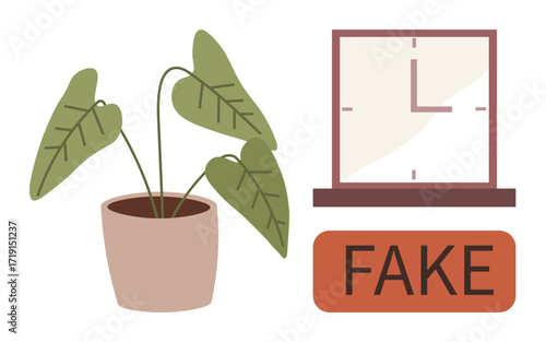 Potted plant with broad leaves, minimalist clock emphasizing time, and bold FAKE label. Ideal for themes thumbs up productivity, timing, authenticity, focus, simplicity, nature and representation of