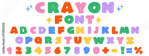 Bright colorful crayon alphabet, hand drawn kids letters and numbers. Playful doodle font. Chalk and pencil texture.