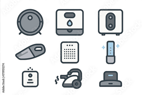 Smart Cleaning Icons Set. Flat icon set of smart cleaning devices: robot vacuum, smart mop, window-cleaning
