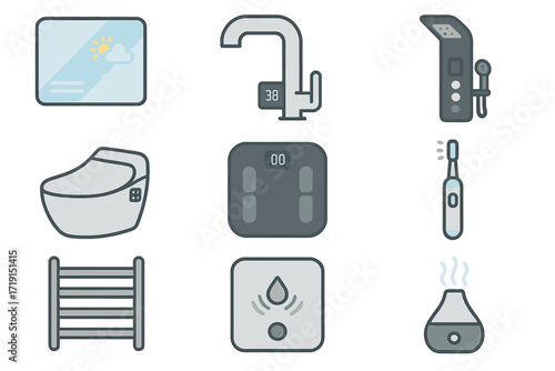 Smart Bathroom Icons. Flat icon set of smart bathroom: smart mirror, digital faucet, shower panel, bidet