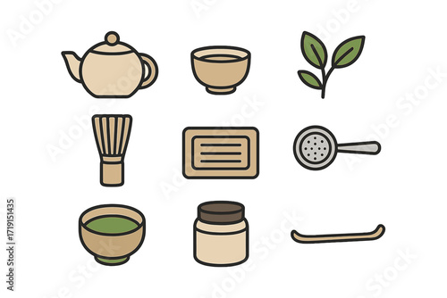 Tea Ceremony Icons. Flat icon set of tea ceremony tools: teapot, tea cup, tea leaves, bamboo whisk, tea tray,