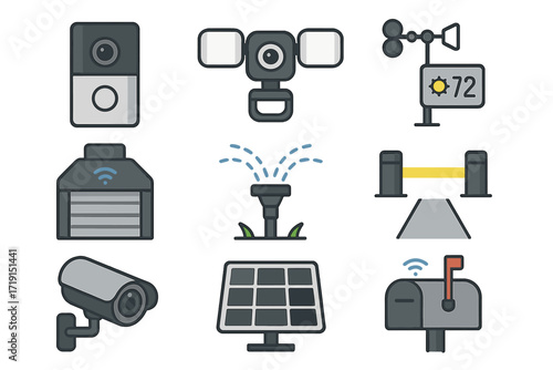 Smart Outdoor Devices. Flat icon set of smart outdoor devices: smart doorbell, surveillance light, weather