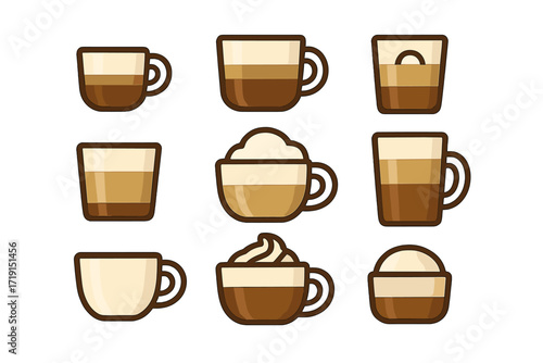 Espresso Icons Collection. Flat icon set of espresso drinks: espresso shot, doppio, macchiato, cortado,