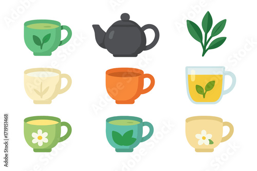 Traditional Tea Icons. Flat icon set of traditional teas: green tea cup, black tea pot, oolong tea leaves,