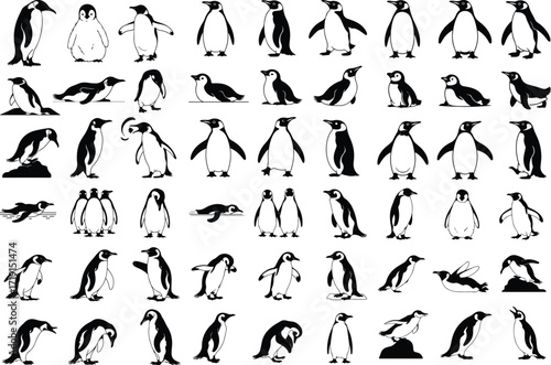 Penguin Bird Animal Icon Silhouette Set Wildlife Penguin Silhouette Icon Collection