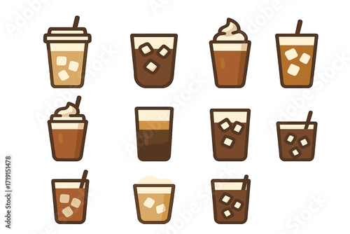 Iced Coffee Icons. Flat icon set of iced coffee drinks: iced latte, cold brew, frappuccino, iced mocha, nitro