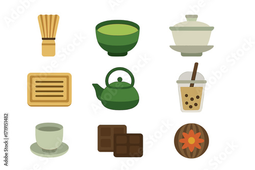Asian Tea Icons. Flat icon set of Asian tea traditions: matcha whisk, matcha bowl, Chinese gaiwan, bamboo tea