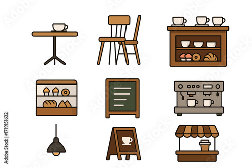 Café Icon Set. Flat icon set of café interiors: coffee table, café chair, counter with cups, chalkboard menu,