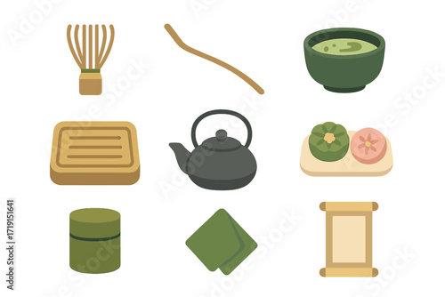Japanese Tea Icons. Flat icon set of Japanese tea culture: matcha whisk, matcha scoop, matcha bowl, bamboo tea