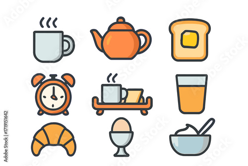 Morning Ritual Icons. Flat icon set of morning rituals: steaming coffee mug, teapot, toast with butter, alarm