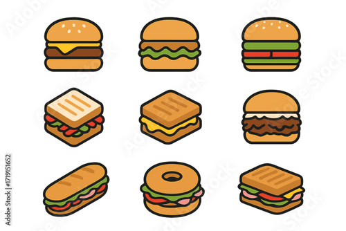 Burger and Sandwich Icons. Flat icon set of burgers & sandwiches: cheeseburger, chicken burger, veggie burger,