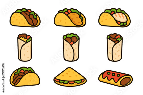 Taco & Wrap Icons. Flat icon set of tacos & wraps: taco with beef, taco with chicken, taco with fish, burrito