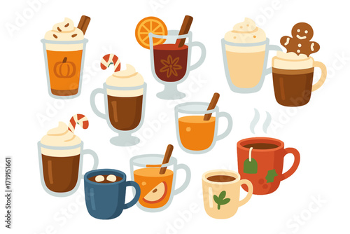 Festive Drink Icons. Flat icon set of festive drinks: pumpkin spice latte, mulled wine, eggnog latte,