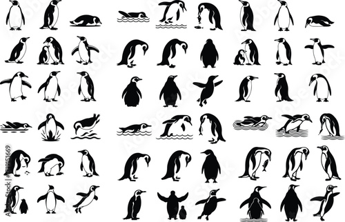 Penguin Bird Animal Icon Silhouette Set Wildlife Penguin Silhouette Icon Collection