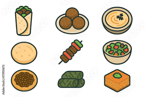 Middle Eastern Food Icons. Flat icon set of Middle Eastern street food: shawarma wrap, falafel balls, hummus