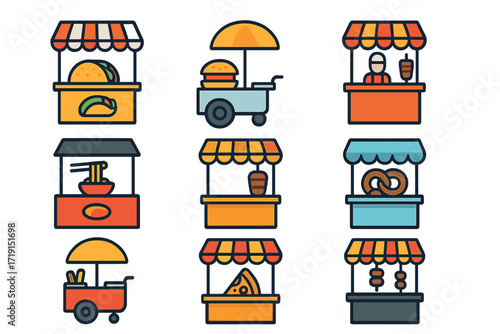 Street Food Icons. Flat icon set of street food stalls: taco stand, burger cart, hot dog vendor, noodle booth,