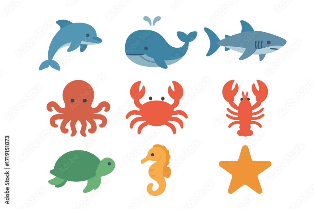 Naklejka premium Sea Animal Icons. Flat icon set of sea animals: dolphin, whale, shark, octopus, crab, lobster, turtle,