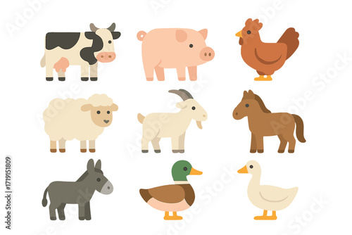 Farm Animals Icons. Flat icon set of farm animals: cow, pig, chicken, sheep, goat, horse, donkey, duck, goose.