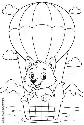 Wolf in a Hot Air Balloon Coloring Page