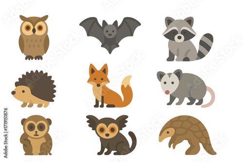 Nocturnal Animal Icons. Flat icon set of nocturnal animals: owl, bat, raccoon, hedgehog, fox, opossum, slow