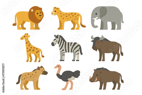 Savanna Animals Icons. Flat icon set of African savanna animals: lion, cheetah, elephant, giraffe, zebra,