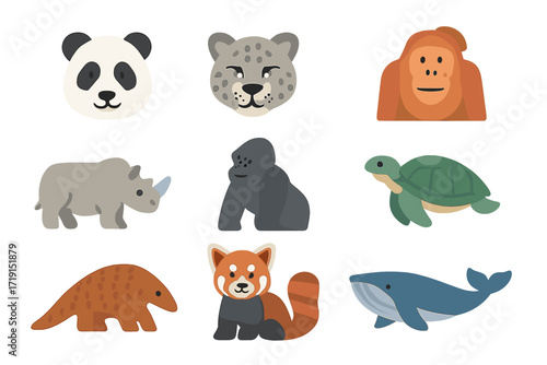 Endangered Animal Icons. Flat icon set of endangered animals: panda, snow leopard, orangutan, rhino, gorilla,
