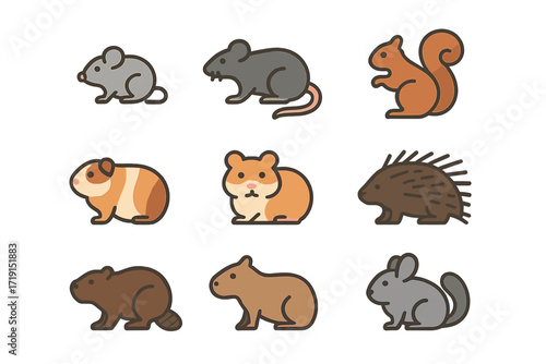 Rodent Icon Grid. Flat icon set of rodents: mouse, rat, squirrel, guinea pig, hamster, porcupine, beaver,