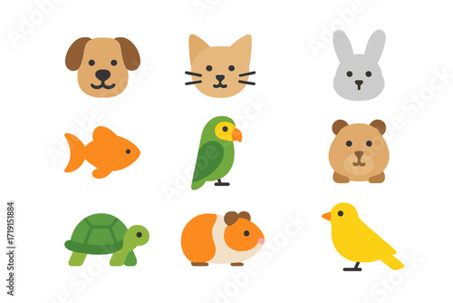 Pet Icons Grid. Flat icon set of pets: dog, cat, rabbit, goldfish, parrot, hamster, turtle, guinea pig, canary