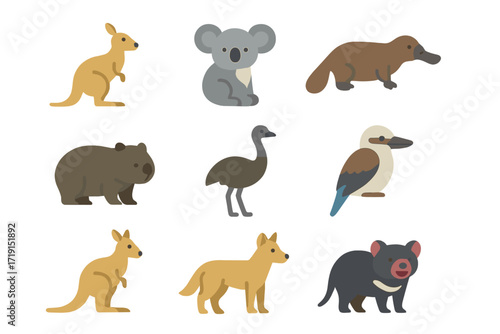 Australian Animal Icons. Flat icon set of Australian animals: kangaroo, koala, platypus, wombat, emu,