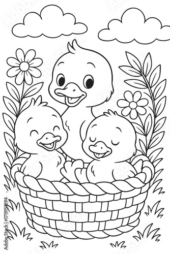 Ducklings in a Basket Coloring Page