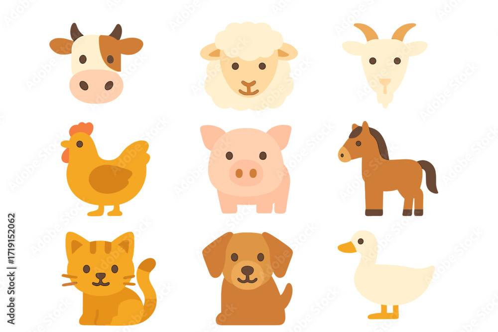 Fototapeta premium Farm Animal Icons. Flat icon set of domesticated animals: cow, sheep, goat, chicken, pig, horse, cat, dog,