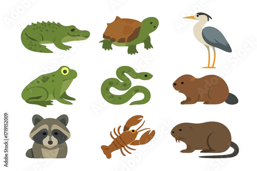Swamp Animal Icons. Flat icon set of swamp animals: alligator, snapping turtle, heron, frog, snake, beaver,