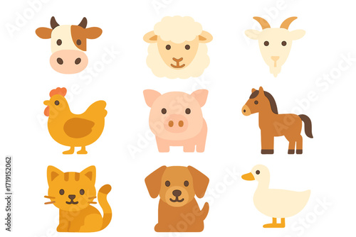 Farm Animal Icons. Flat icon set of domesticated animals: cow, sheep, goat, chicken, pig, horse, cat, dog,