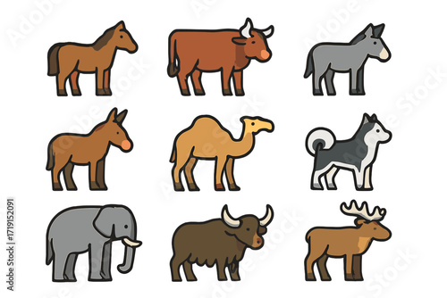 Working Animals Icons. Flat icon set of working animals: horse, ox, donkey, mule, camel, sled dog, elephant,